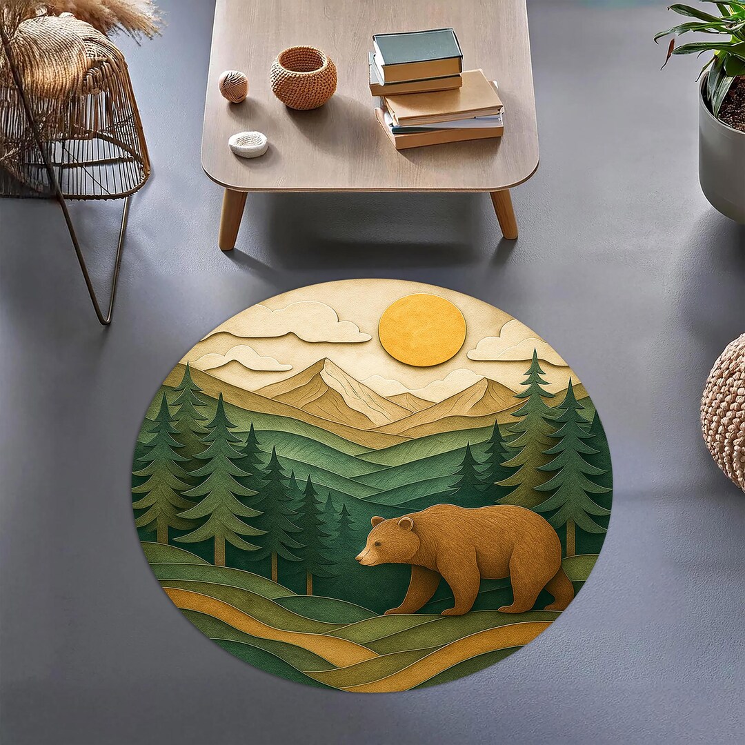 Bear Forest Round Rug – Rustic Mountain Landscape Carpet With Pine ...