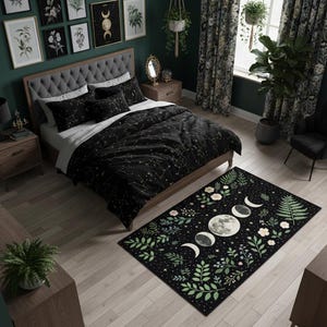 Alfombra con fases lunares, diseño floral celestial negro para decoración de brujas, alfombra bohemia espiritual para dormitorio, regalo para amantes de la luna.