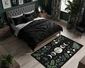 Moon Phase Rug, Celestial Floral Black Carpet for Witchy Decor – Boho Spiritual Bedroom Rug, Moon Lover Gift