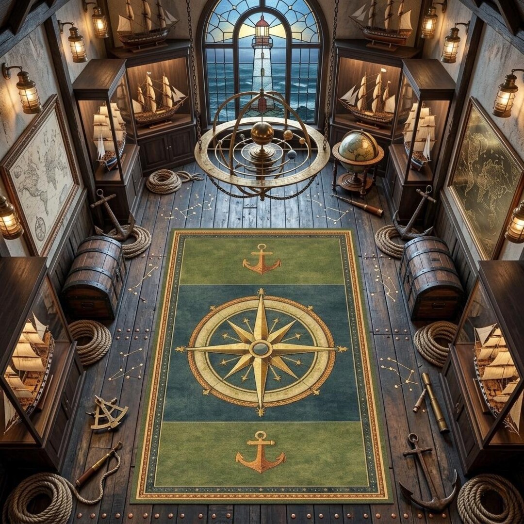 Nautical Compass Lighthouse Rug, Coastal Anchor Carpet, Vintage ...