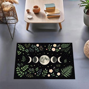 Moon Phase Rug, Celestial Floral Black Carpet for Witchy Decor – Boho Spiritual Bedroom Rug, Moon Lover Gift