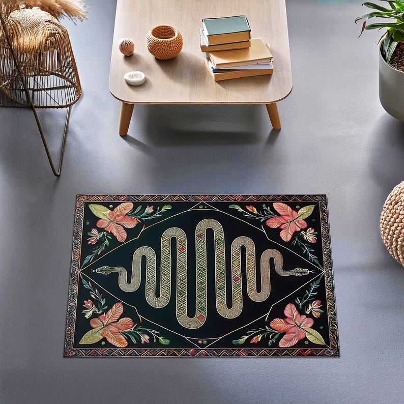 Mystical Snake and Floral Design Rug, Cottagecore Rug, Floral Snake ...