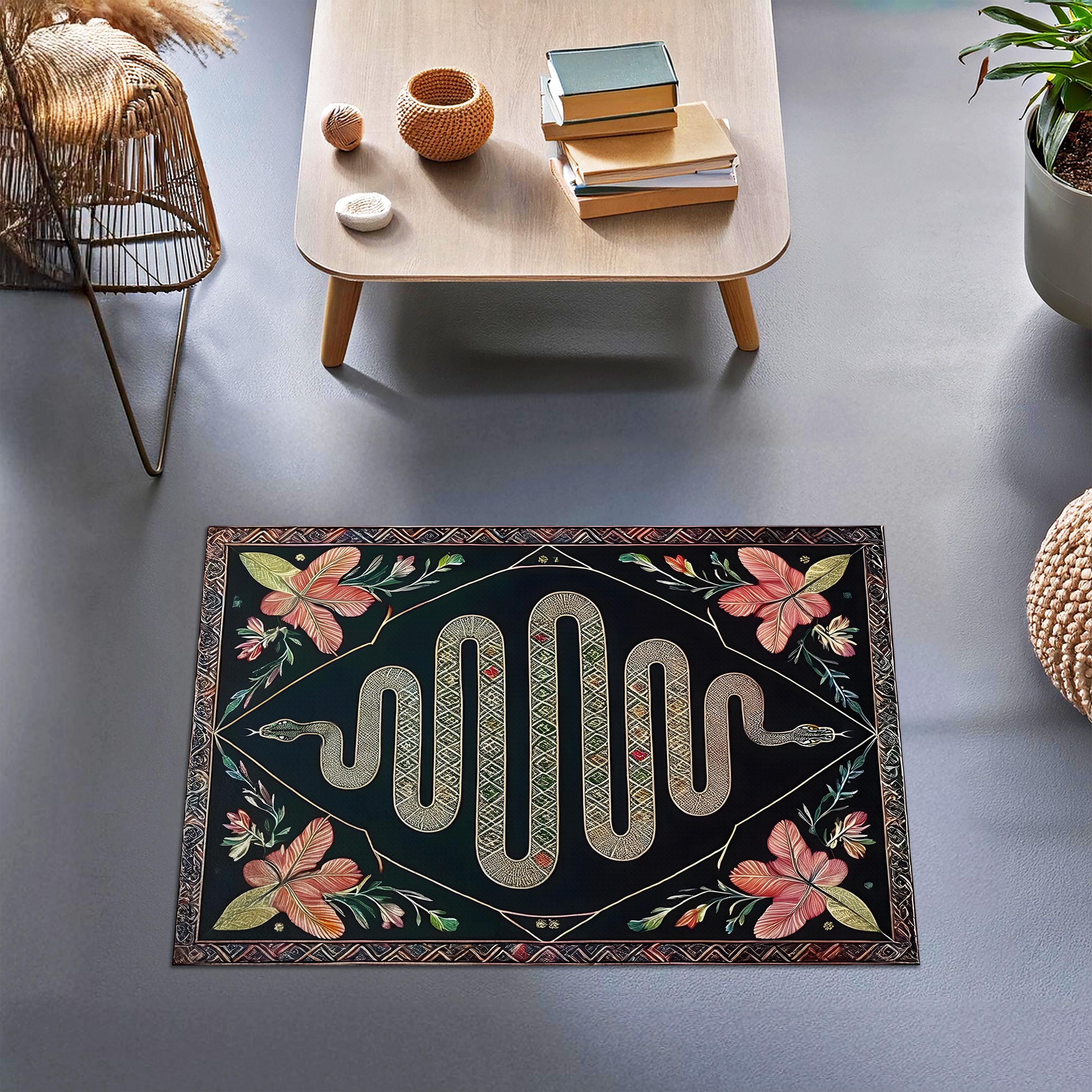 Mystical Snake and Floral Design Rug, Cottagecore Rug, Floral Snake ...