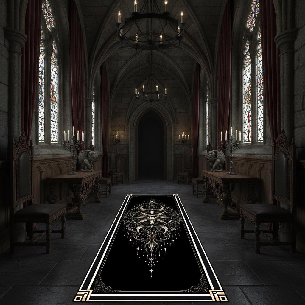 Gothic Church Rug Gothic Compass Sigil Runner Rug, Black Occult Hallway Carpet, Dark ...