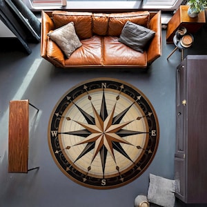 Compass Round Rug, Traveler Rug, Sailor Rug, Yacht Rug, Coastal Decor, Marine Rug, Nautical Rug for Office Decor, Brown Colored Living Room