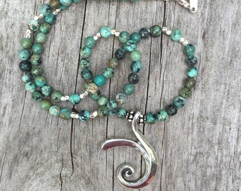 Joy 18" Necklace with African Turquoise Beads, Inspirational Silver Symbolic Jewelry - Sacred Symbols Collection