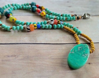 Turquoise and Mustard Yellow Eclectic Handknotted Necklace