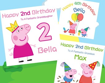 Peppa pig ppersonalised birthday cards  any name and age. Free message on the inside. Granddaughter, grandson son 2nd 3rd 4th
