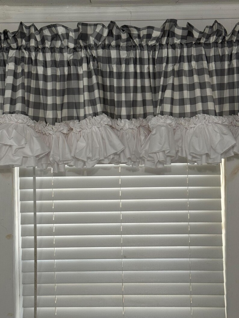 Gray Check Straight Valance With White Double Ruffles - Etsy