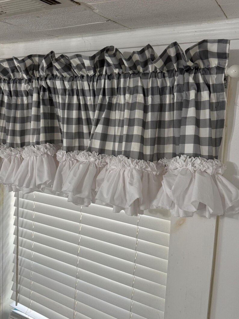 Gray Check Straight Valance With White Double Ruffles - Etsy