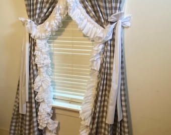 One Inch Grey Check Priscilla Curtain with White Double Ruffles