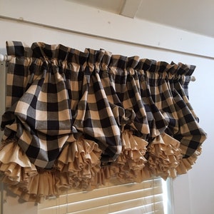 Farmhouse Black and Tan Buffalo Check Balloon Curtain With Tan Double Ruffles