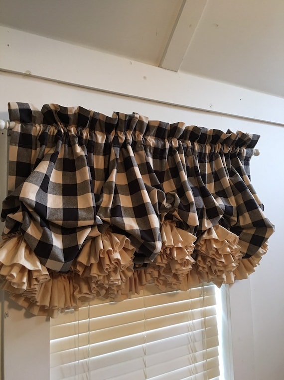 Black And Natural Buffalo Check Balloon Curtain With Cream Etsy