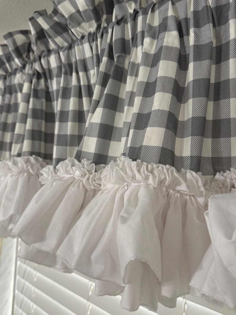 Gray Check Straight Valance With White Double Ruffles - Etsy