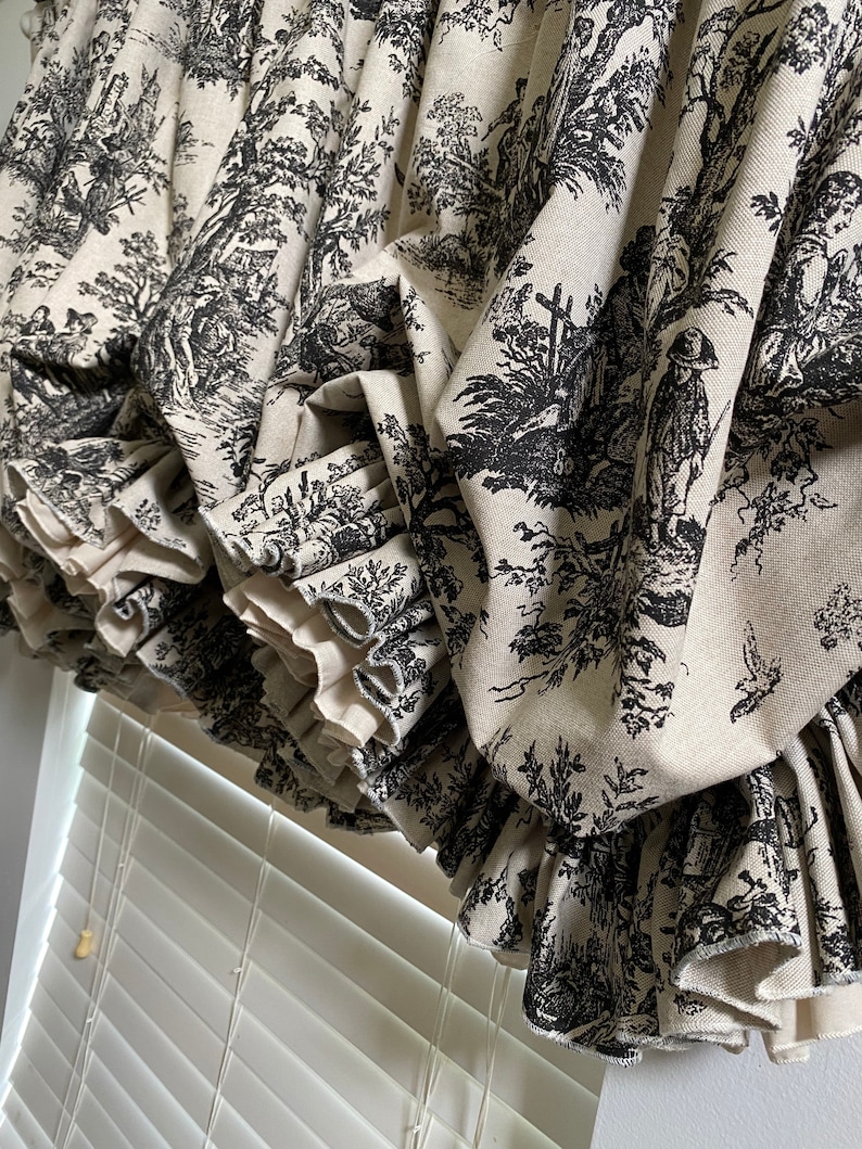 Black And Linen Toile Double Ruffle Balloon Curtain Etsy