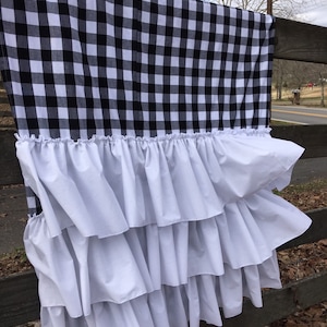 Farmhouse Black and White Check Shower Curtain with White Triple Ruffles
