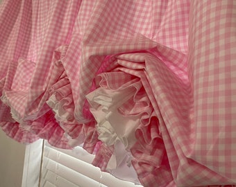 Pink Gingham Double Ruffle Balloon Curtain ready to ship