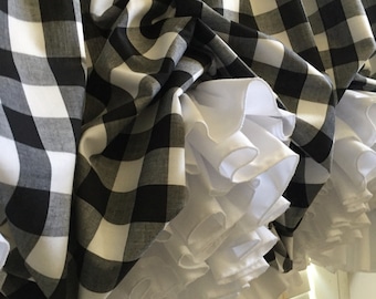 Black and White 1 Inch Check Farmhouse Balloon Curtain valance  with White Double Ruffles.