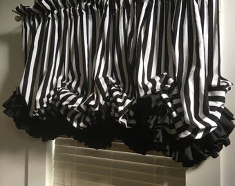 Black and White Stripe Balloon Curtain with Black Double Ruffles