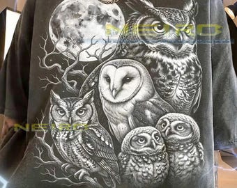 Owls Moon Wildlife Nature Nocturnal Forest Comfort Colors® Tshirt, Bird Lover Illustration Faded Graphic Bootleg 90s Tee