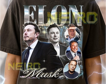 May include: Dark gray unisex t-shirt featuring the text "ELON" in a silver metallic font, with the name "Musk" below. The shirt has multiple images of Elon Musk. The shirt's text says "NEIRO".