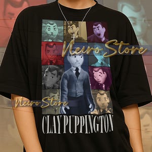 May include: Black t-shirt featuring a graphic of Clay Puppington from the animated series. The design includes multiple images of the character and the text "CLAY PUPPINGTON". The shirt also has the text "Neiro Store".