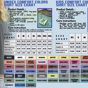 The image is a collage of various images, including a person, a child, and a shirt, along with a chart that provides information about the different shirt sizes and colors.