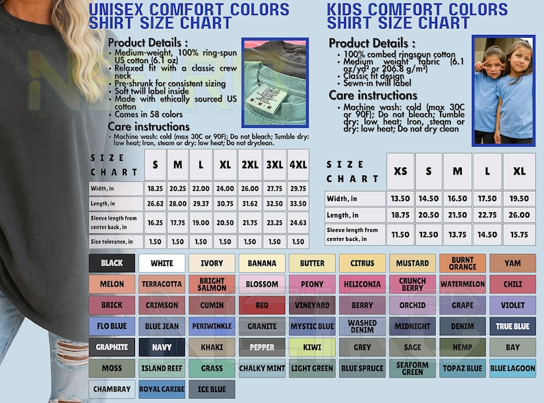 The image is a collage of various images, including a person, a child, and a shirt, along with a chart that provides information about the different shirt sizes and colors.