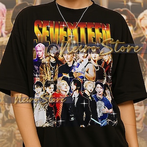May include: Black t-shirt featuring a group of people with the word "SEVENTEEN" in a gold and red gradient font. The shirt has a vintage style design. The model is wearing an XL sized shirt.