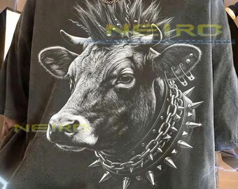 Punk Cow Spiked Collar Mohawk Edgy Animal Art Comfort Colors® Tshirt, Rock Aesthetic Black And White Vintage Bovine Alternative Design Tee