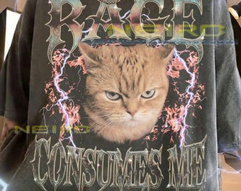 Rage Consumes Me Angry Cat Orange Tabby Comfort Colors® Tshirt, Fire Lightning Heavy Metal Vintage Bootleg Funny Feline Pet Meme Tee