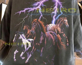 Horses Wild Mustangs Lightning Storm Thunder 90S Aesthetic Comfort Colors® Tshirt, Equestrian Animal Lover Retro Wildlife Nature Tees,