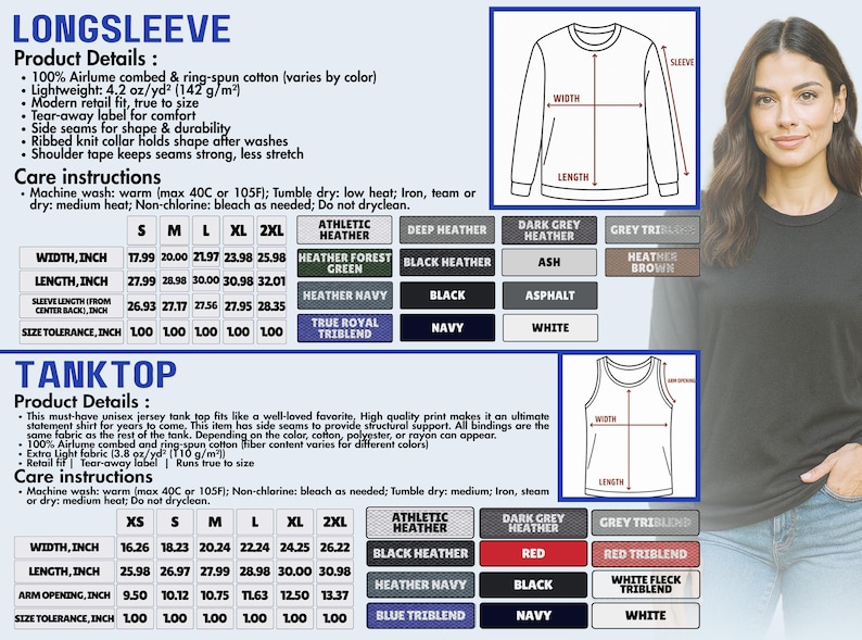The image is a collage of product details and a woman's image, providing information about a long sleeve shirt and a tank top.