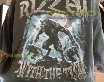 Rizz 'Em With The Tism Werewolf Full Moon Comfort Colors® Tshirt, Lightning Funny Meme Gen Z Slang Monster Spooky Forest Tee