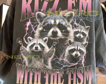 Raccoon Animal Wildlife Rizz 'Em With The Tism Comfort Colors® Tshirt, Vintage Graphic Sunglasses Lightning Retro Bootleg 90s Tee