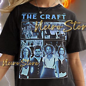 May include: Black unisex t-shirt featuring a movie poster design for "The Craft." The graphic includes the film's title, cast names, and a collage of images from the movie. The shirt is worn by a person.