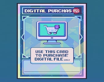 Puede incluir: Una tarjeta de compra digital con un diseño pixelado. La tarjeta presenta un monitor de computadora que muestra un icono de carrito de compras. El texto en la tarjeta dice "USE THIS CARD TO PURCHASE DIGITAL FILE ONLY."
