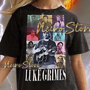 May include: Black t-shirt featuring a collage of images and the text "Neuro Store" and "LUKE GRIMES". The shirt has a distressed look and is worn by a person with blonde hair.