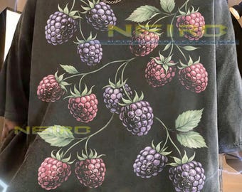 Raspberry Blackberry Wild Berries Botanical Illustration Vintage Nature Comfort Colors® Tshirt, Fruit Lover Faded Graphic Bootleg 90s Tee
