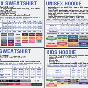 four different types of sweatshirts and hoodies, each with a variety of colors and styles, as well as a list of their sizes and materials.