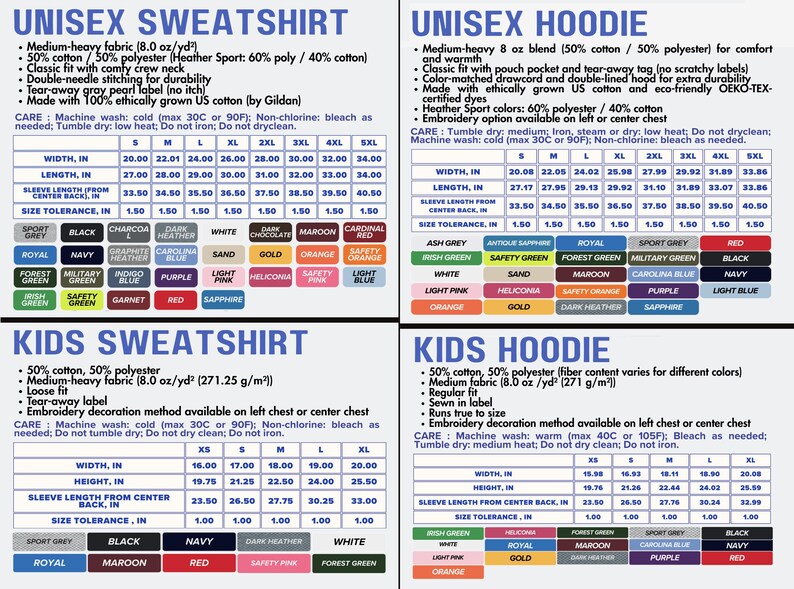 four different types of sweatshirts and hoodies, each with a variety of colors and styles, as well as a list of their sizes and materials.