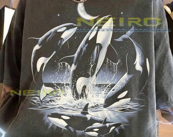 Orca Killer Whale Marine Life Lover Ocean Animals Comfort Colors® Tshirt, Wildlife Nature Night Sky Crescent Moon Vintage Bootleg Tee
