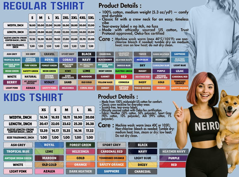 The image is a collage of various product details and a woman wearing a black and white "NEIRO" t-shirt, holding a dog, and posing with a dog. The collage includes product details such as the width and length of the t-shirt, the type of fabric, and the color options. The woman is wearing a black and white "NEIRO" t-shirt and holding a dog.