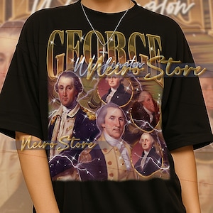 Könnte beinhalten: Schwarzes T-Shirt mit einem goldenen Grafikdesign von George Washington und dem Text "GEORGE Washington Store". Das T-Shirt hat einen Rundhalsausschnitt und kurze Ärmel. Das Design ist vintage-inspiriert.