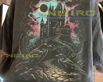Raven Gothic Castle Dark Fantasy Spooky Night Comfort Colors® Tshirt, Crows Creepy Halloween Mystical Moon Vintage Magic Tee