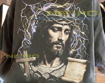 Jesus Christ Crown Of Thorns Christian Faith Comfort Colors® Tshirt, Religious Wooden Cross Ancient Scroll Lightning Spiritual Gospel Tee
