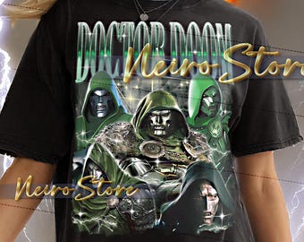 May include: Black Doctor Doom t-shirt with a graphic of Doctor Doom in various poses. The shirt has the text "Doctor Doom Meiro Store" in a distressed font. The model is wearing a 2XL shirt.