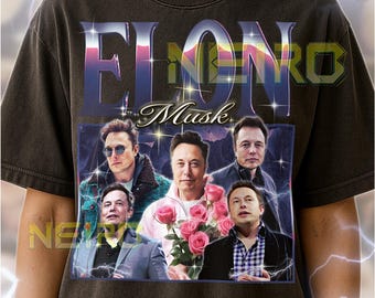 May include: Dark gray unisex t-shirt featuring a graphic of Elon Musk with the text "ELON Musk". The design includes multiple images of Elon Musk. The shirt has a vintage style.