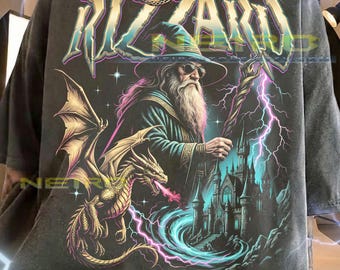 Rizzard Wizard Dragon Magic Fantasy Castle Comfort Colors® Tshirt, Lightning Sunglasses Magician Meme Vintage Bootleg 90s Graphic Tee