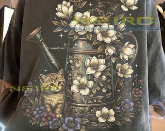 Kittens Cat Lover Vintage Watering Can Comfort Colors® Tshirt, Magnolia Flowers Gardening Cute Feline Retro Floral Nature Tee